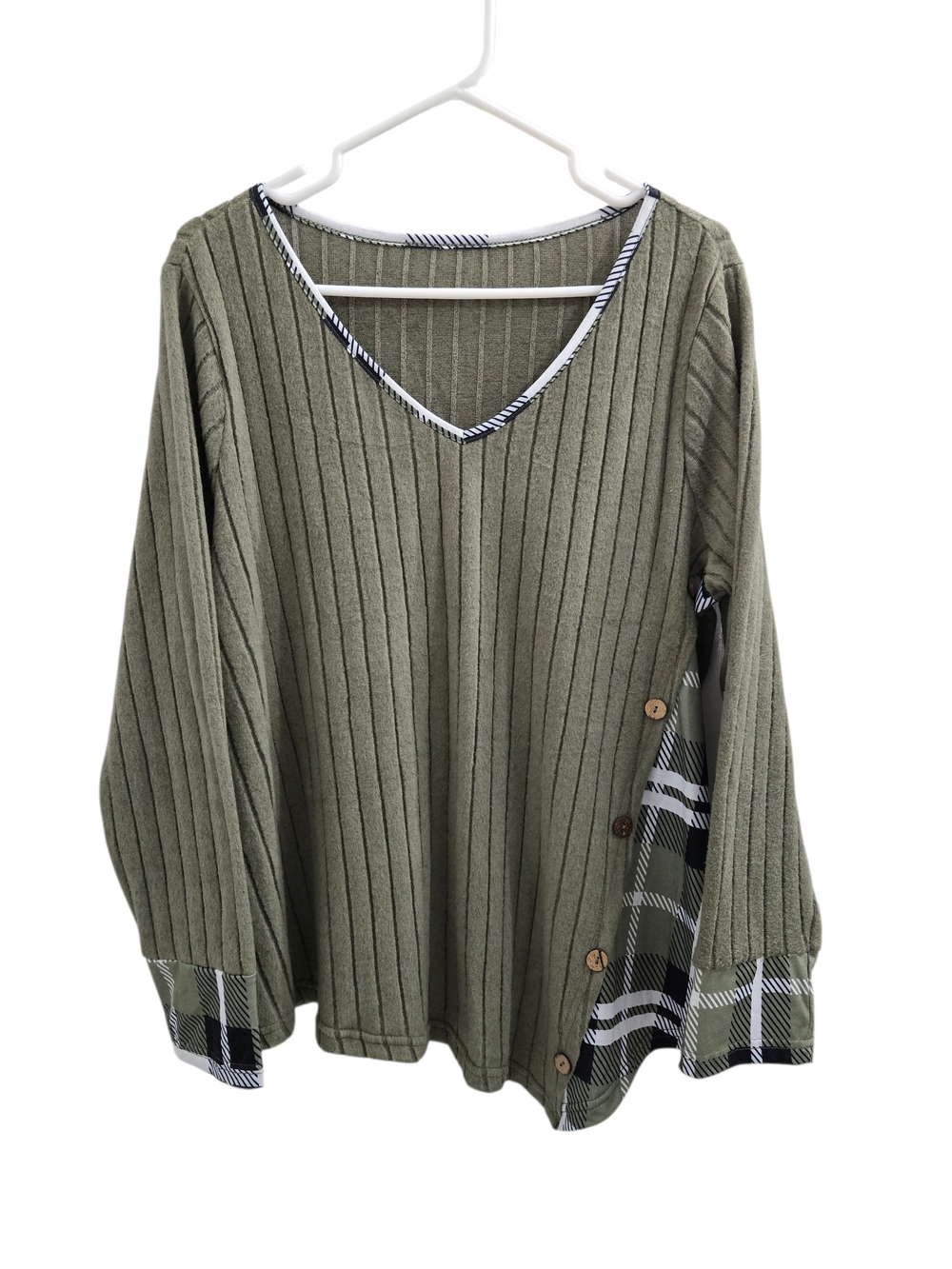 SHEIN Curve Olive Ribbed V-Neck Sweater with Plaid Accents Size 1XL